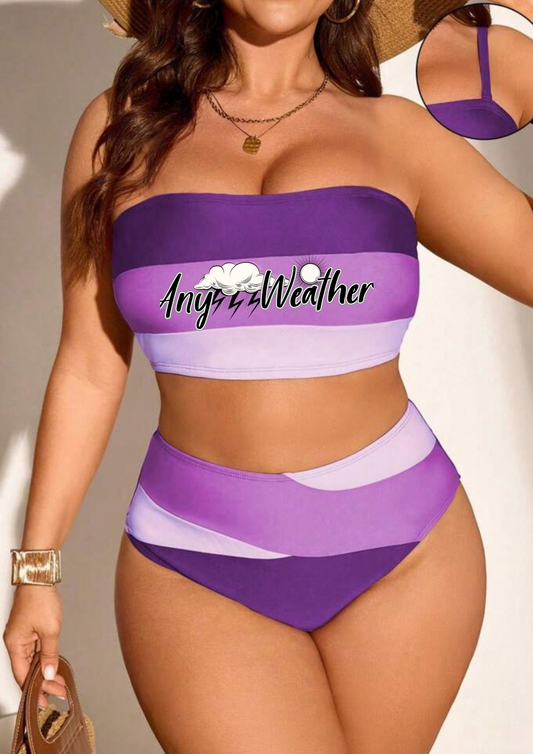 MULTI PURPLE COLOR BLOCK BANDEAU BIKINI- PLUS SIZE